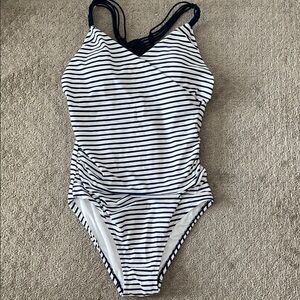 Kona Sol Navy Blue and White V-Neck One Piece Swimsuit